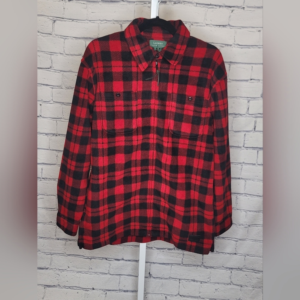 Lauren Ralph Lauren Red Black Buffalo Plaid Zip-Up Sweater Size Medium